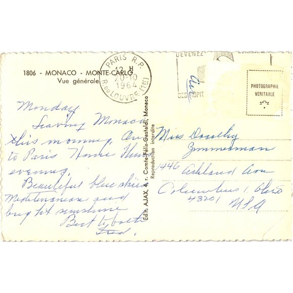 Vintage Postcard 1806 Monaco Monte Carlo Vue Generale 1964 Postmark Color Aerial - Picture 2 of 2